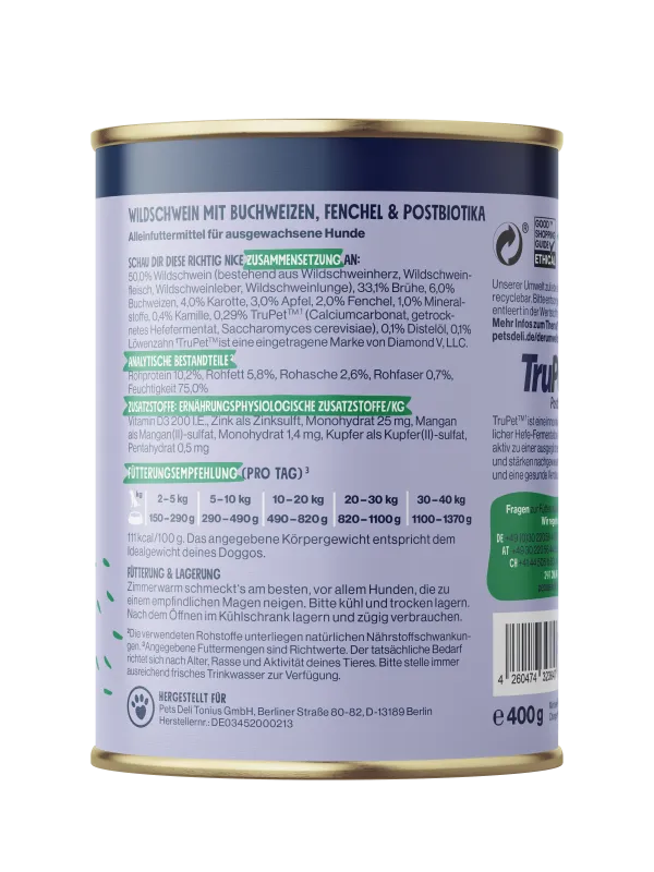 Pets Deli Solution Belly Balance Wildschwein mit Buchweizen, Fenchel & Postbiotika 400g